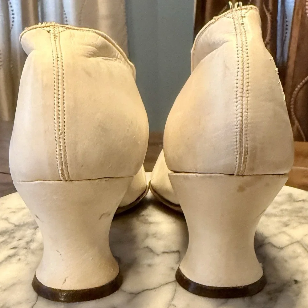 NOS Antique VTG Victorian White Kid Leather Louis Wedding Bride Heels Shoes Sz 8